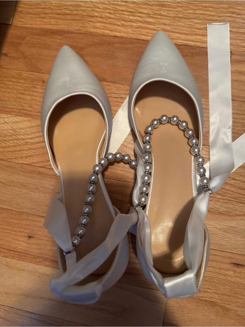 Women’s Ivory Satin Pointed-Toe Flats with Pearl Strap